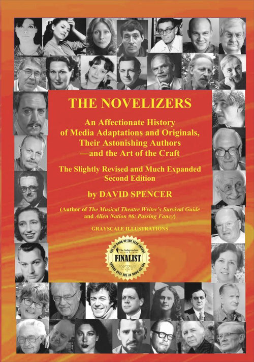 Book cover of 'The Novelizers' with a collage of authors' faces and a red background.