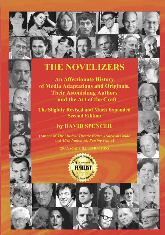Book cover of 'The Novelizers' with a collage of authors' faces and a red background.