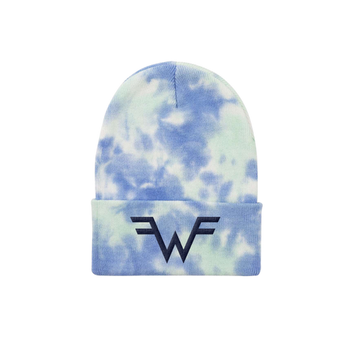 A blue and white tie-dye knit beanie featuring a black embroidered ’wf’ logo on the folded cuff.