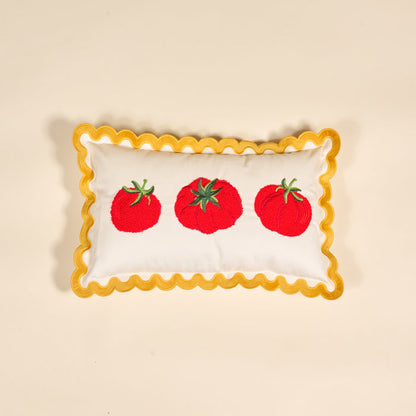 The Darling Effect Tomatoes Scalloped Rectangle Throw Pillow features three embroidered red tomatoes with green stems on a white background, yellow scalloped edge, and adds charm to any cozy pillow collection.