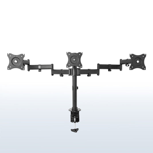 Sturdy height adjustable triple monitor desk mount.