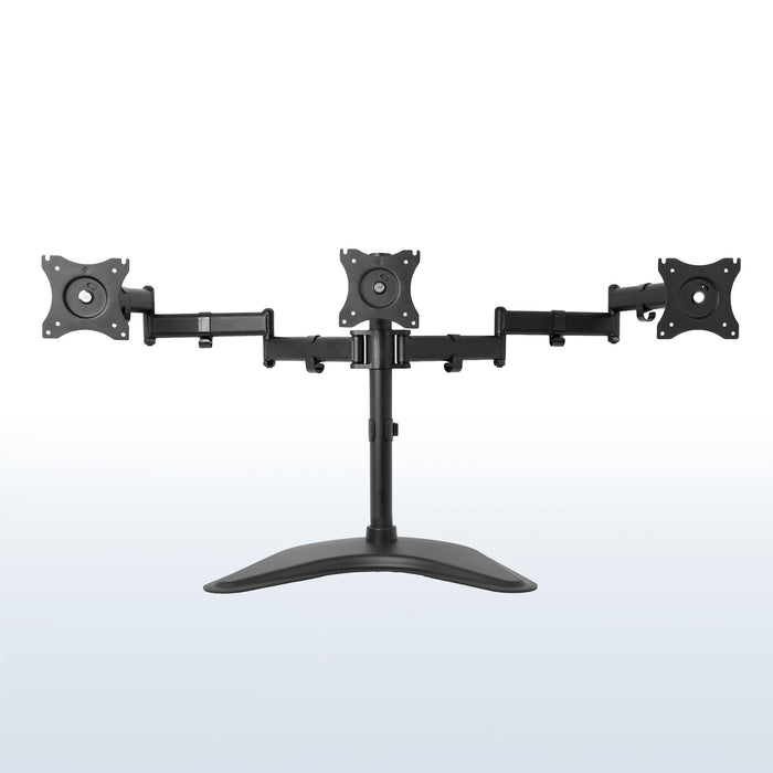 Sturdy height adjustable triple monitor desk stand.