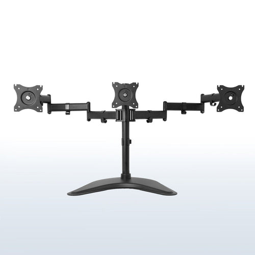 Sturdy height adjustable triple monitor desk stand.