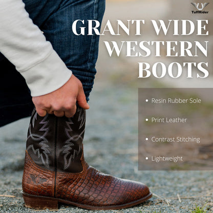 TuffRider Men's Grant Leather Printed Wide Square Toe Western Boots