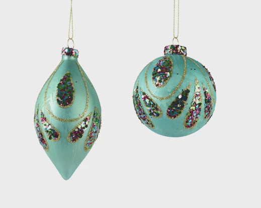 Turquoise Glitter Glass Bauble - 8cm
