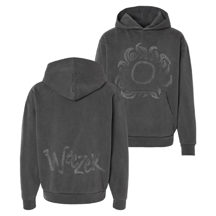 Dark gray solar observation hoodie with faded sun graphic front and weezer lettering on back side