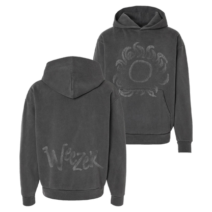 Dark gray solar observation hoodie with faded sun graphic front and weezer lettering on back side