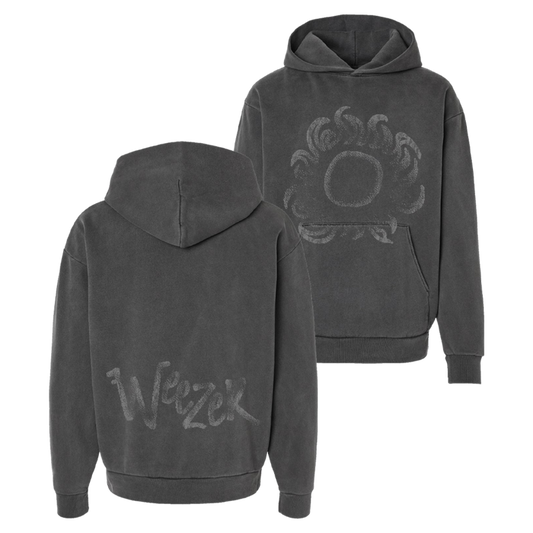 Dark gray solar observation hoodie with faded sun graphic front and weezer lettering on back side