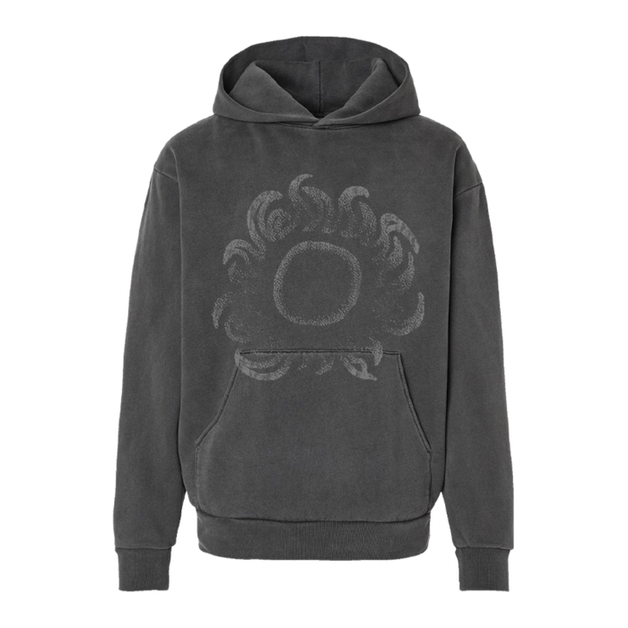 Dark gray solar observation hoodie featuring a faded intricate sunburst graphic on the front for observation use