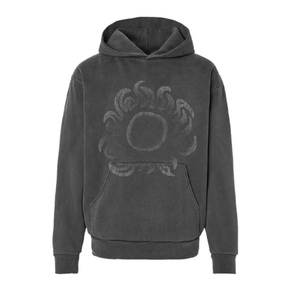 Dark gray solar observation hoodie featuring a faded intricate sunburst graphic on the front for observation use
