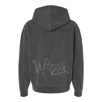 Back of dark gray cotton solar observation hoodie with faded distressed weezer logo in stylized script