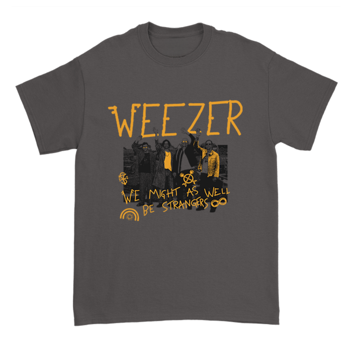 Gray classic fit strangers shirt featuring yellow weezer graphic and album title as a pre-sale item