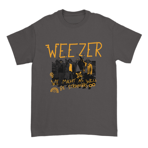 Gray classic fit strangers shirt featuring yellow weezer graphic and album title as a pre-sale item