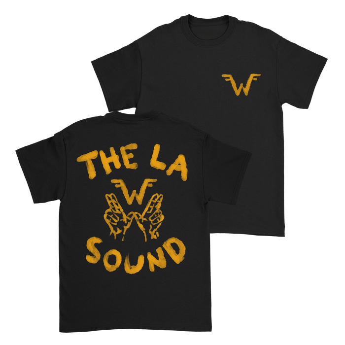 Black cotton unisex t-shirt featuring bold yellow la sound graphic and stylized hands forming a w symbol