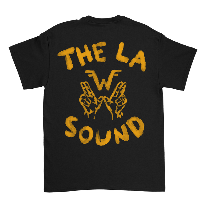 Black cotton unisex short-sleeved sound shirt featuring a bold yellow la sound graphic with stylized hands forming w