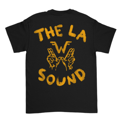 Black cotton unisex short-sleeved sound shirt featuring a bold yellow la sound graphic with stylized hands forming w