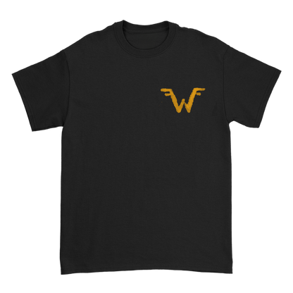 Black short-sleeved cotton unisex t-shirt with gold embroidered winged w logo from uniform wzr.t02 la sound shirt