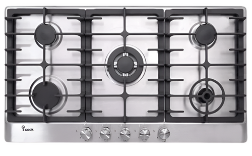 A 60cm stainless steel built-in hob with five burners and touch controls.