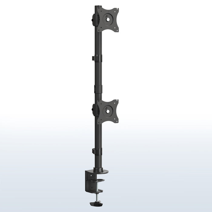 Sturdy adjustable vertical dual monitor ergonomic desk mount for office workstation.