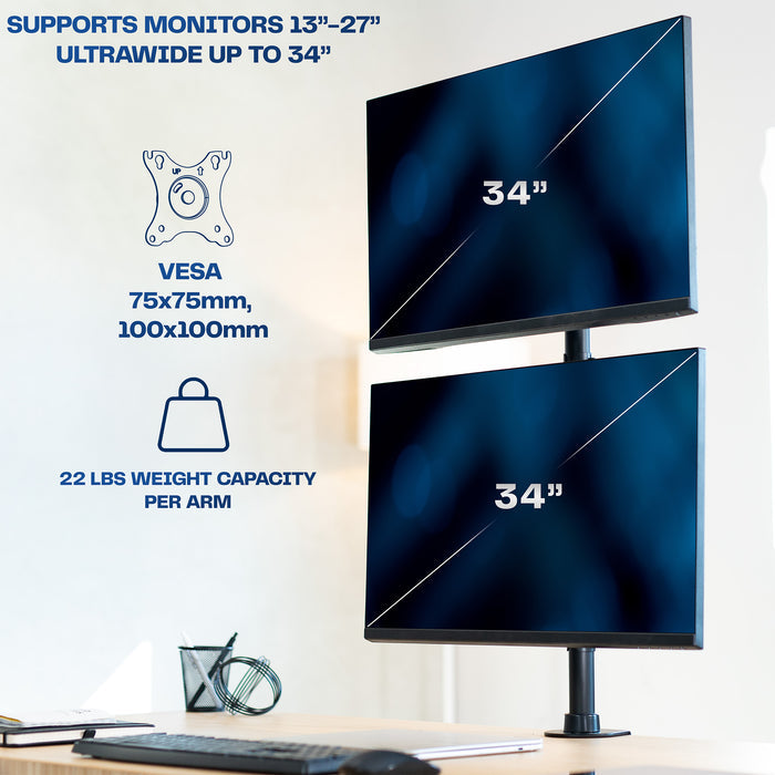 Sturdy adjustable vertical dual monitor ergonomic desk mount for office workstation.