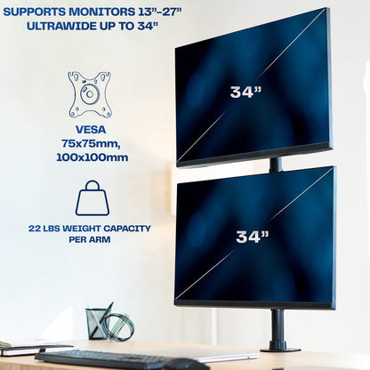 Sturdy adjustable vertical dual monitor ergonomic desk mount for office workstation.
