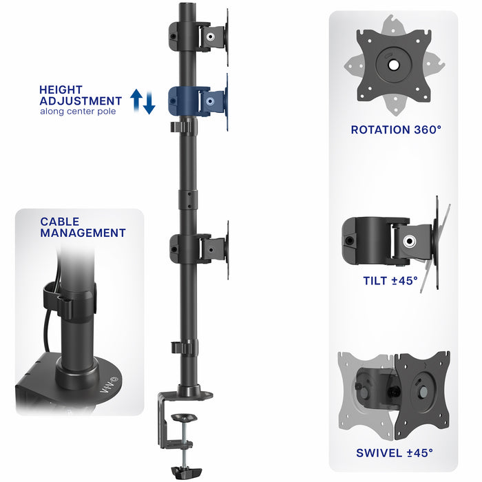Sturdy adjustable vertical dual monitor ergonomic desk mount for office workstation.