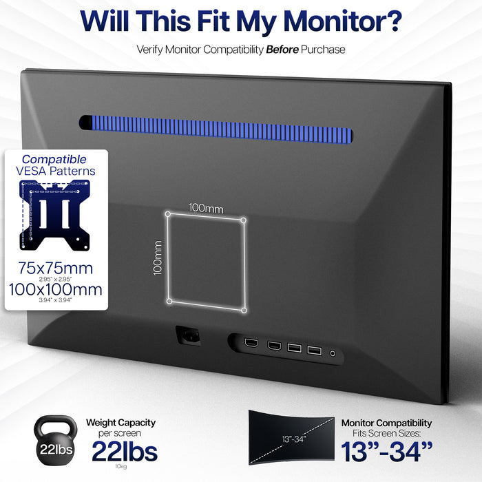 Compatibility information on a white background for a Dual Vertical 13" to 34" Monitor Desk Stand