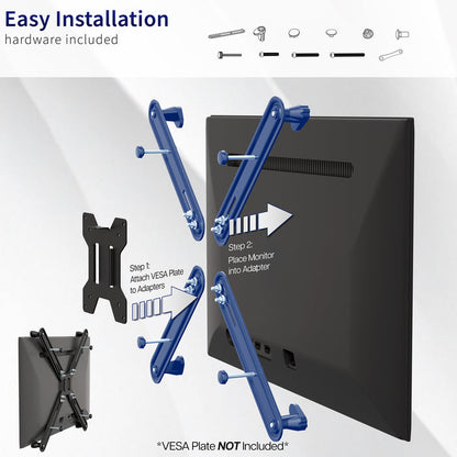 Monitor stand assembly with hardware components on a white background