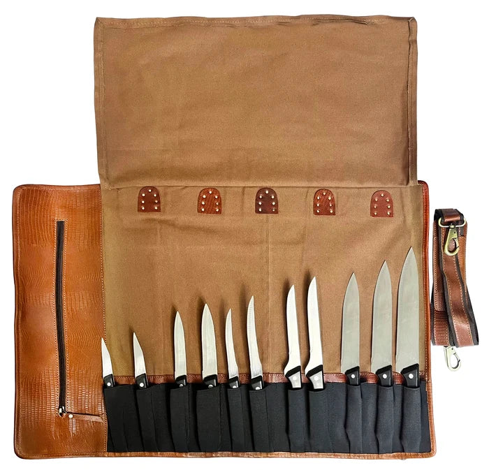 Voyage Leather Canvas Knife Roll Storage Bag (Brown Rust)