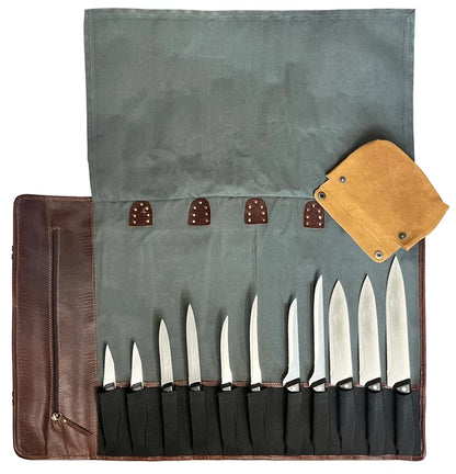 Voyage Leather Canvas Knife Roll Storage Bag (Chocolate Grey)