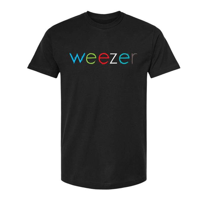 Black cotton t-shirt featuring the word ’weezer’ in a colorful, multi-hued font across the chest.