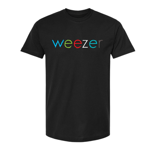 Black cotton t-shirt featuring the word ’weezer’ in a colorful, multi-hued font across the chest.