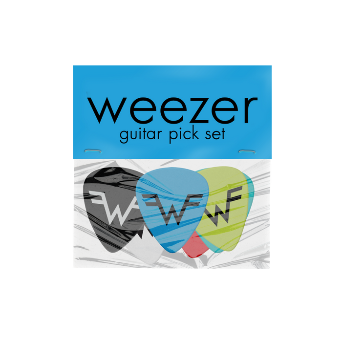 Weezer guitar pick set featuring three colorful picks with the band’s logo in black, blue, and lime green.