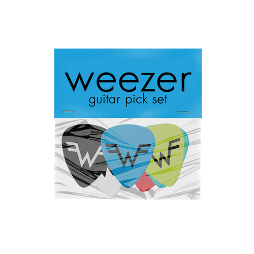 Weezer guitar pick set featuring three colorful picks with the band’s logo in black, blue, and lime green.
