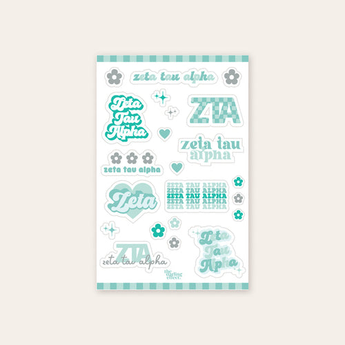 Show your sisterhood spirit with The Darling Effect’s Zeta Tau Alpha Sticker Sheet, featuring teal and white designs, hearts, flowers, and stylish text—perfect for displaying your ZTA pride!.