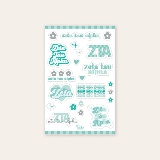 Show your sisterhood spirit with The Darling Effect’s Zeta Tau Alpha Sticker Sheet, featuring teal and white designs, hearts, flowers, and stylish text—perfect for displaying your ZTA pride!.